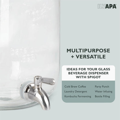 Ilyapa 2 Gallon Glass Beverage Dispenser, Metal Base, Stainless Steel Spigot & Hanging Chalkboard - for Lemonade, Tea, Cold Water & More