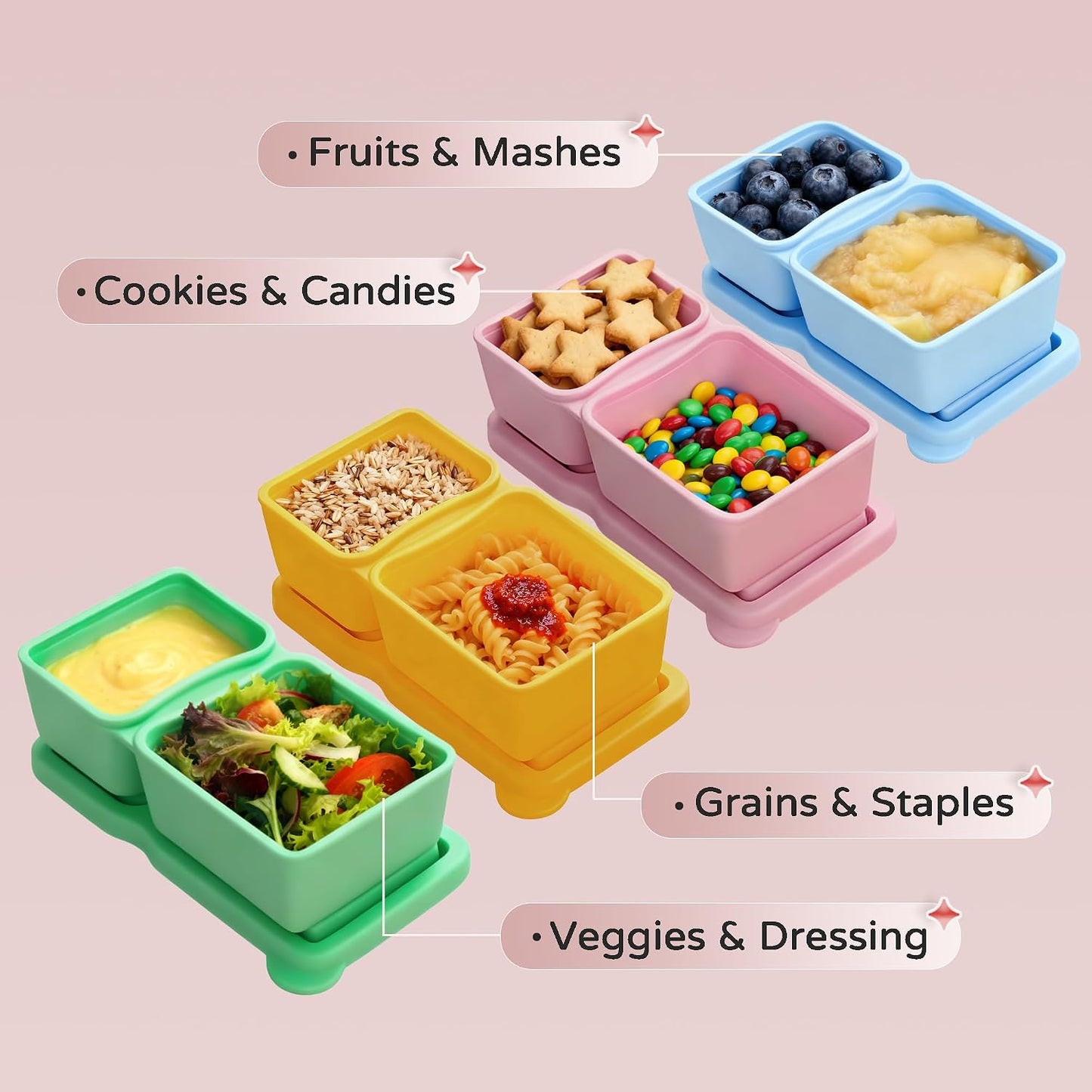 MACTANO 4 Pack New Reusable Silicone Snack Containers with Lids, 10 oz Double Compartment Condiment Meal Prep Control Containers Portable Small Leakproof for Office Travel Picnic