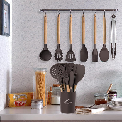 MIBOTE 17 Pcs Silicone Cooking Kitchen Utensils Set with Holder, Wooden Handles Silicone Turner Tongs Spatula Spoon Kitchen Gadgets Utensil Set for Nonstick Cookware (Grey)