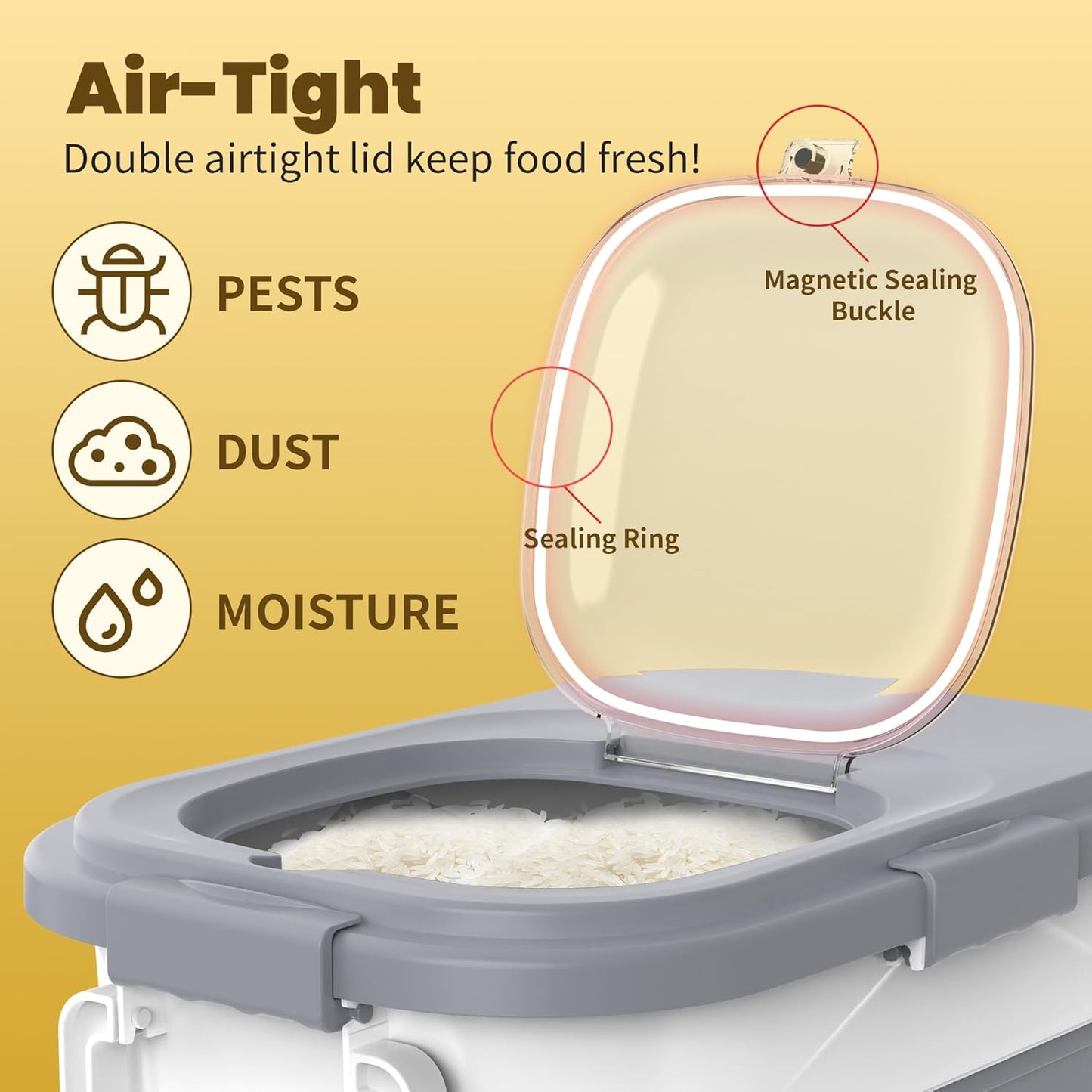 HOYTAMDAR 20-50Lbs Rice Container,Collapsible Food Storage Containers with Airtight Clear Lid,Wheels,Rice Storage Container with Small Bin and Scoop,Rice Dispenser for Flour Sugar Cereal Grain Dog Cat