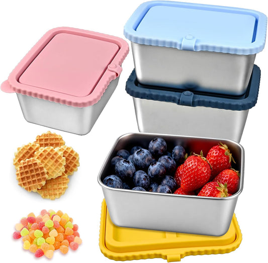 4-Pack Stainless Steel Snack Containers with Silicone Lids | 20oz Leakproof Food Storage Container, Reusable Metal Bento Lunch Box, Meal Prep for Travel, Picnics, Office
