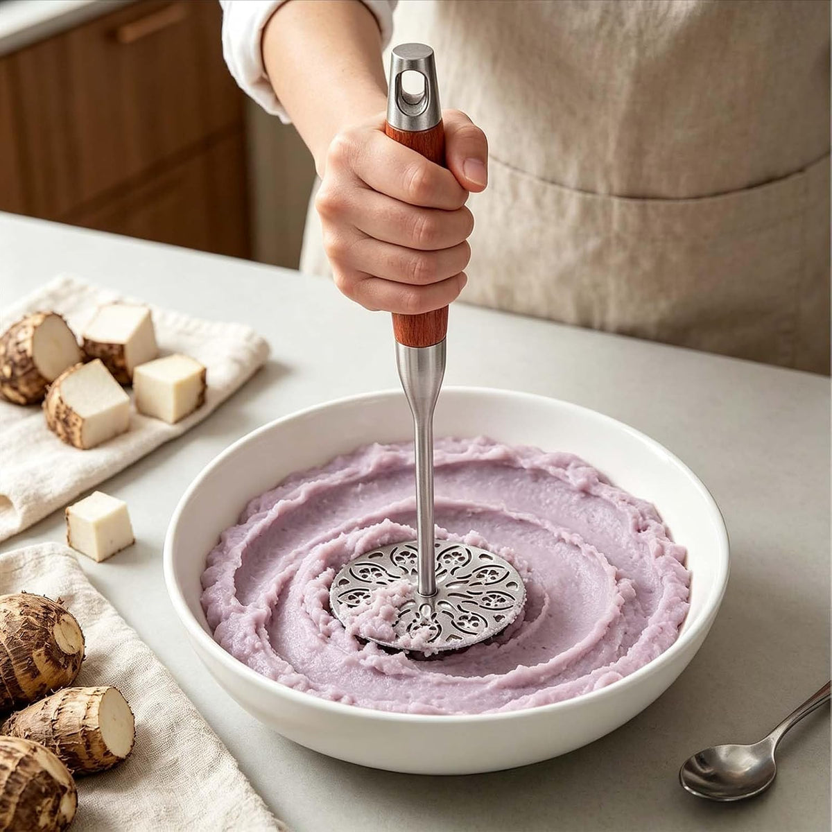 Potato Masher Stainless Steel,Wood Handle Food Smasher Kitchen Tool