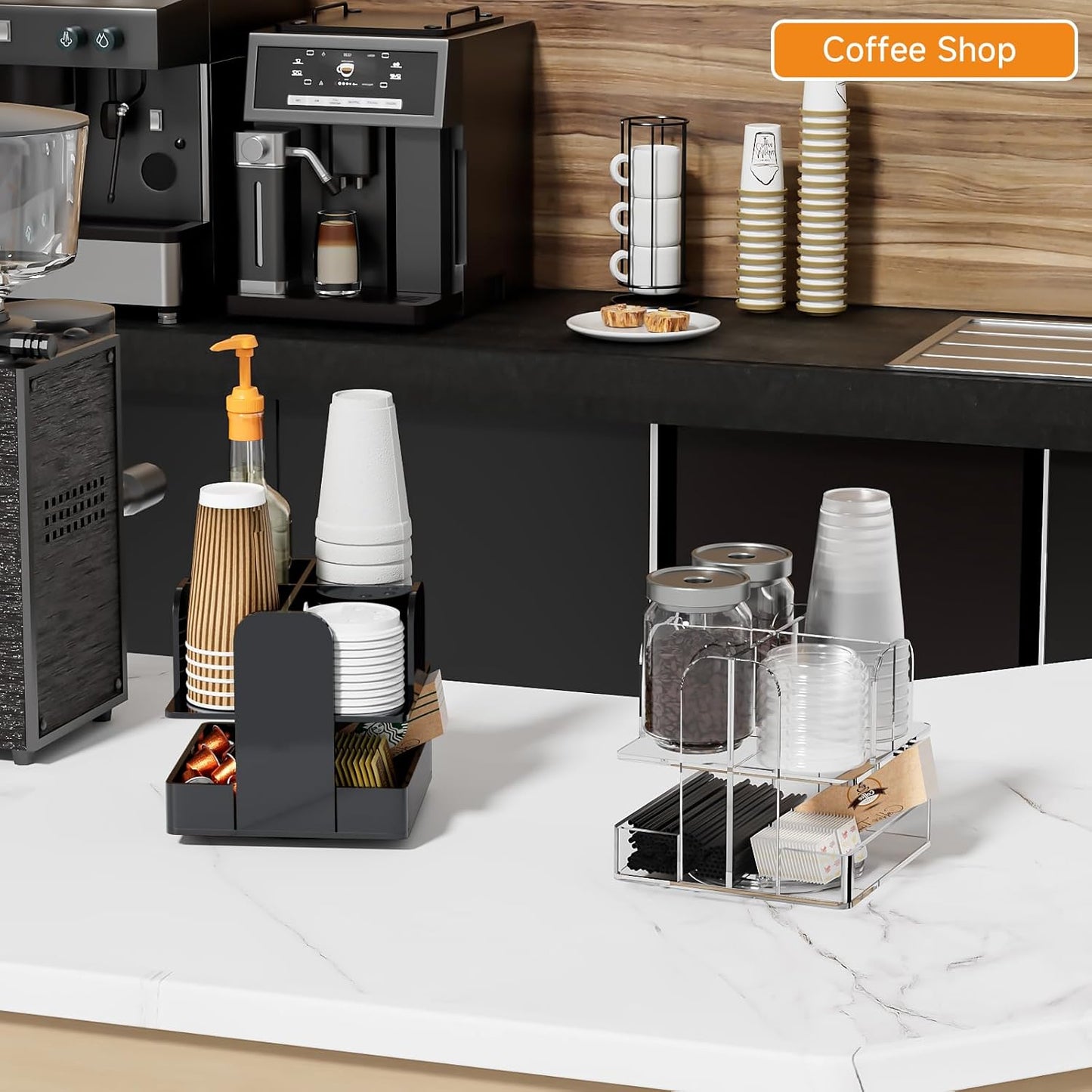 Beego Rotatable 4-Compartment Acrylic Cup Dispenser - Coffee Station Cup and Lid Carousel Countertop Plastic Cup Holder for Restaurant Breakroom Coffee Bar