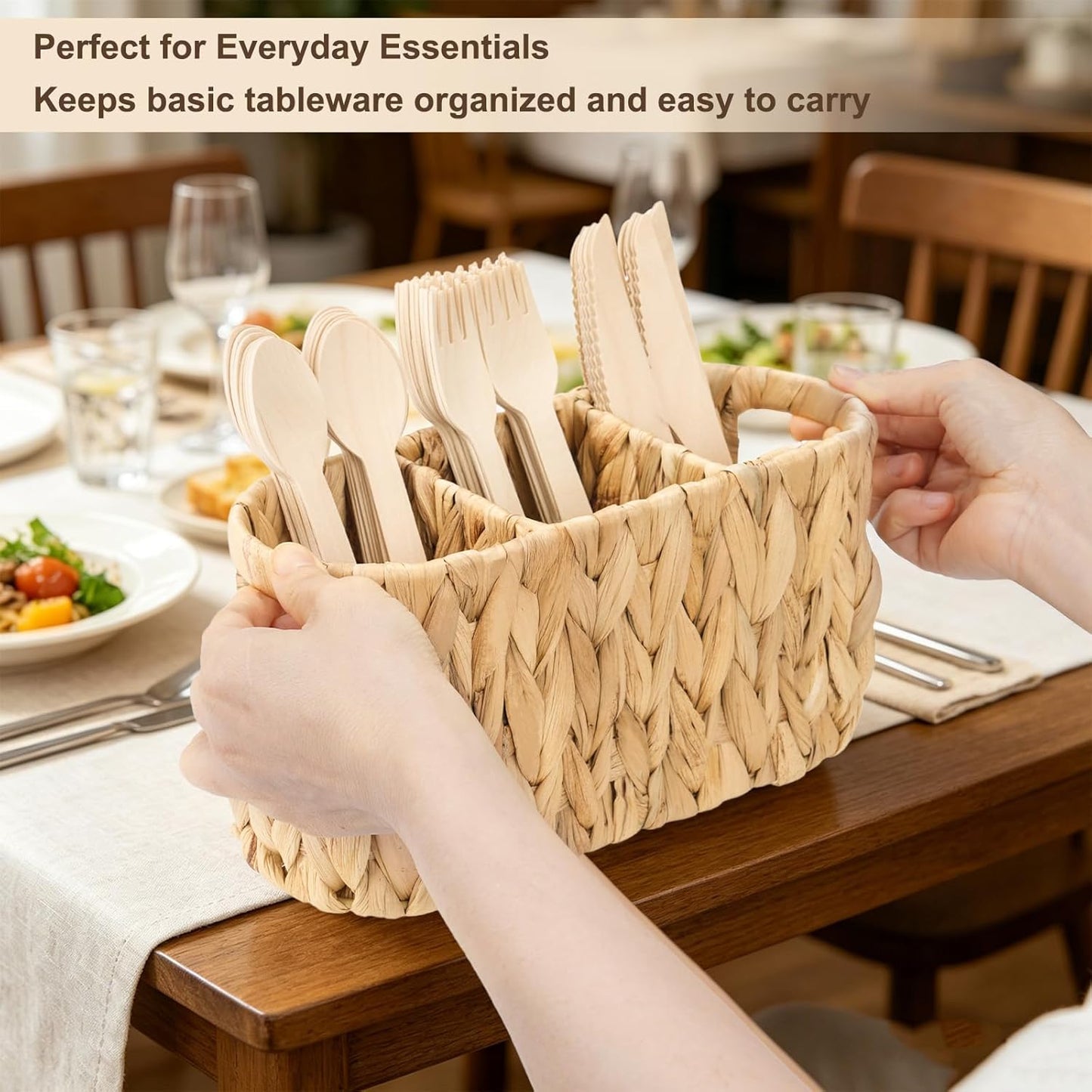 Water Hyacinth Utensil Caddy with Handle, 4 Compartments Woven Cutlery Organizer, Portable Flatware Holder for Outdoor Picnic, BBQ, Camping, Kitchen Counter & Party Table
