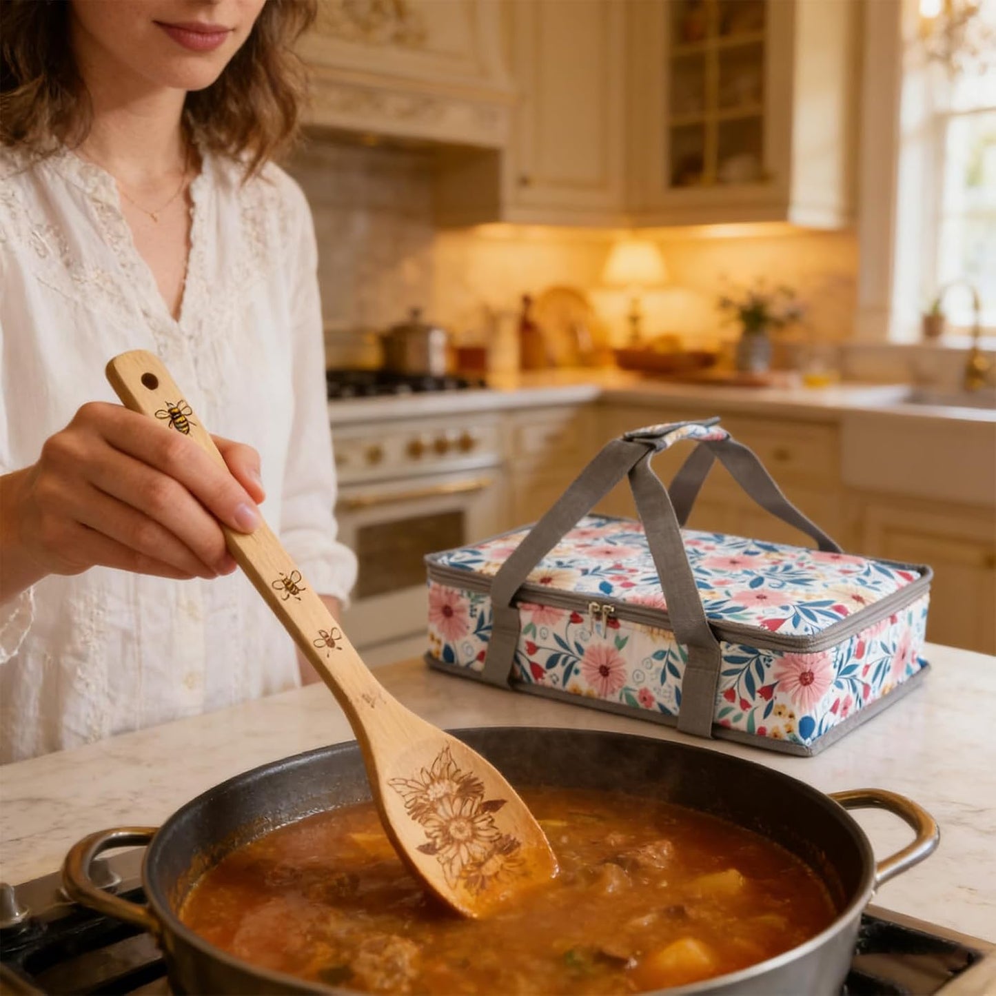 Pioneer Woman Style Insulated Casserole Carrier for Hot or Cold Food, Fits 9x13 Baking Dish,Floral Thermal Lasagna Lugger Tote with Oven Mitts and Pot Holders Set,Gift for Women, Mother's Day.3 PCS