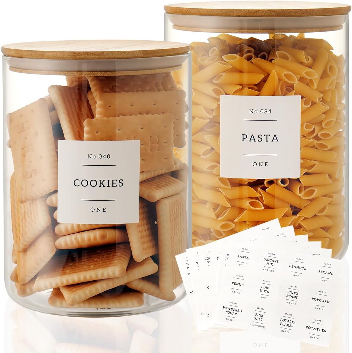 CZZGSM Set of 6 Glass Flour and Sugar jars with 132 Kitchen Pantry Labels - Thicken Large Glass Storage containers with Airtight Bamboo Lid - Rice Canisters for Salt Coffee - 100OZ/54OZ/27OZ
