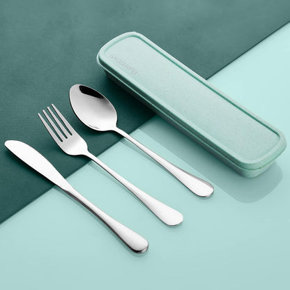 Portable Utensils Set with Case, 4pcs Stainless Steel Reusable Silverware for Lunch Camping School Picnic Workplace Travel, Lunch Box Includ Fork Spoon Knife,Easy to clean,Dishwasher Safe(Rainbow)