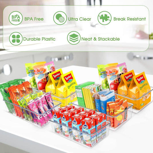 ZIZOTI Snack Organizer for Pantry Shelf, 4 Pack Clear Plastic Pantry Storage Bins with 3 Dividers for Snacks, Spices, Chips Food Organizer, Stackable Pantry Organizers for Kitchen, Fridge, Cabinet