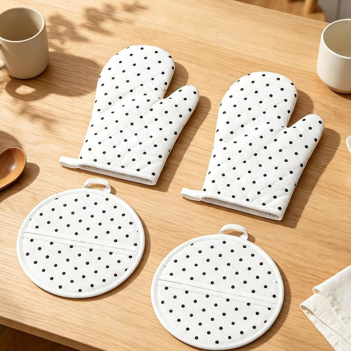 AnyDesign 4Pcs White Black Polka Dot Oven Mitts and Pot Holders Set