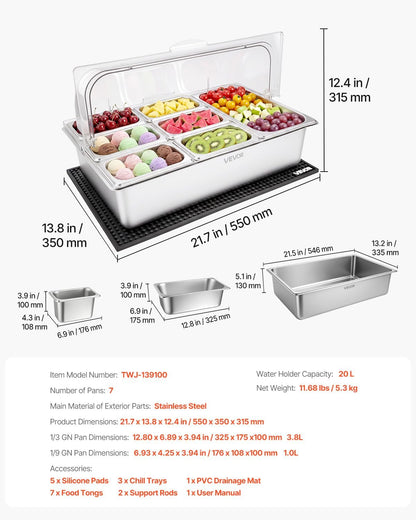 VEVOR Chilled Condiment Server Caddy, 5 Compartment Ice Cooled Serving Container, Plastic Fruit Garnish Tray Platter with Lid, for Taco Salad Bar Accessories, Party Home Restaurant Supplies