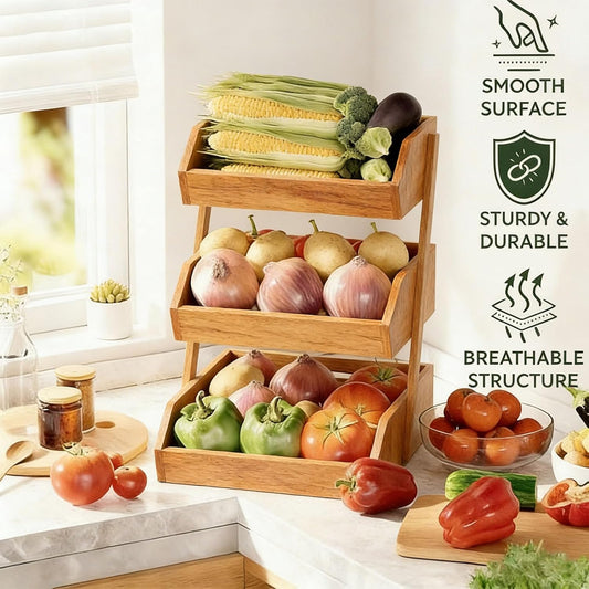 Simple Trending 3-Tier Natural Bamboo Fruit & Vegetable Basket Organizer, Ventilated Countertop Kitchen Storage with 2 Removable Banana Hooks, Sturdy for Fruits, Veggies, Snacks, Bread, Easy Assemble