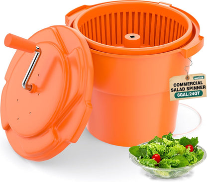 WantJoin Commercial Salad Spinner - 6 Gallon Salad Dryer w/Silicone Draining Hose, Orange, 24Qt Manual Salad Spinner for up to 7 Heads of Lettuce Spinner Large for Catering