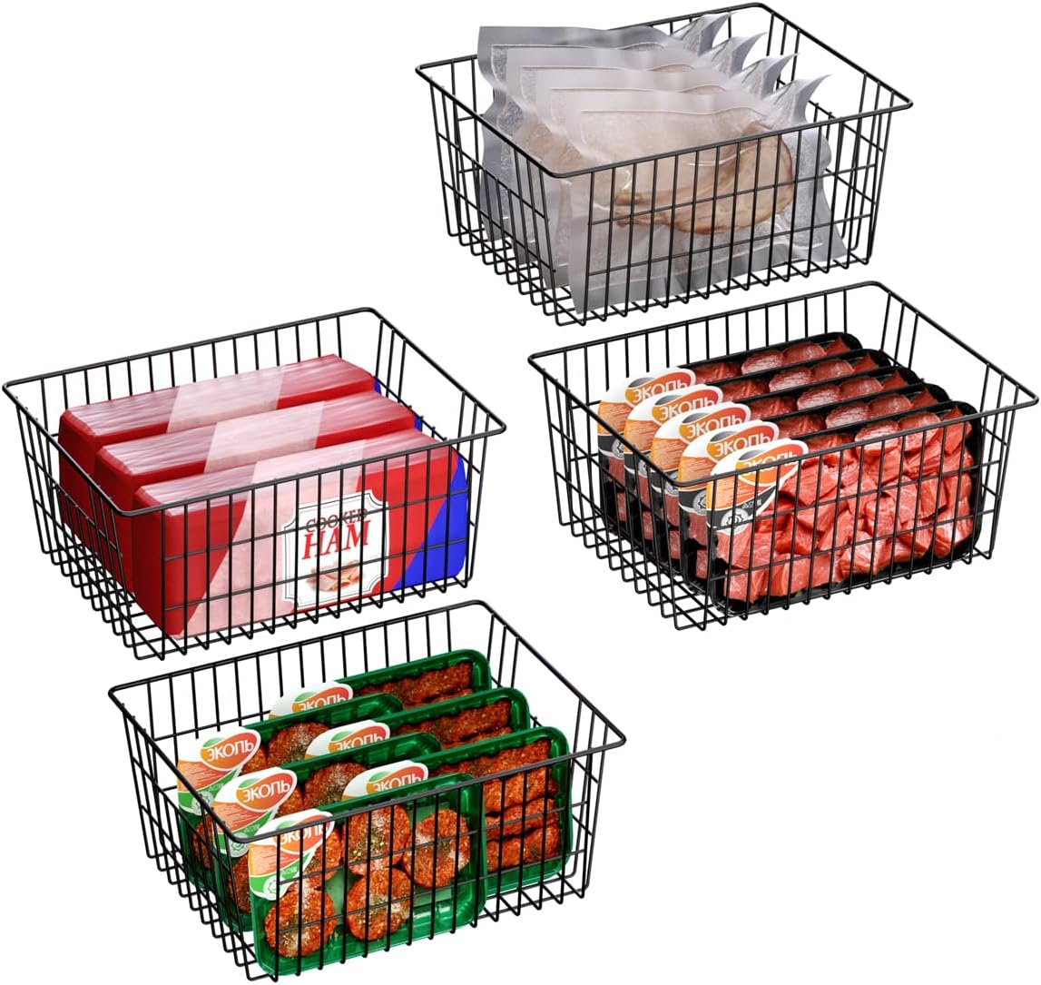 SANNO Freezer Baskets for Storage Pantry Large Metal Wire Food Storage Organizer Bin Basket with Handles - for Kitchen Cabinets, Pantry, Bathroom, Laundry Room, Closets, Garage - Chrome，2 pack