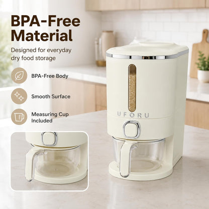 ROOM127 Slim Rice Dispenser 11 Lbs, Airtight Rice Storage Container with Measuring Cup, One-Touch Dry Food & Cereal Dispenser with Clear Window for Kitchen Countertop, Milk Tea Brown