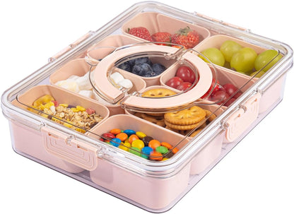 U-QE Dishwasher Safe Snackle Box Container with 8 Small Snacks Box - Premium Ivory Plastic Divided Serving Tray with Lid and Handle for Snack, Veggie, Fruits, Perfect for Party, Picnic, Entertaining