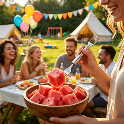3 Pcs Watermelon Slicer Cutter Tool Set, 2 Dual Head Watermelon Fork Slicer & 1 Wooden Handle Triangle Watermelon Knife for Melon & Cantaloupe, Summer Fruit Cutting Kitchen Gadgets