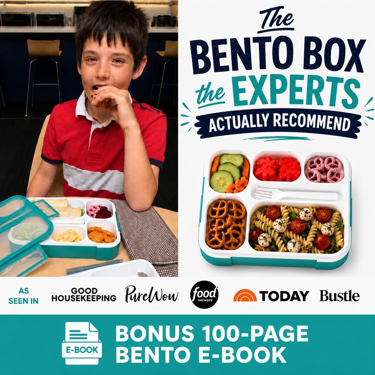kinsho Lunch Box for Kids Boys Girls - Bento Box Set with Insulated Bag and Ice Pack, 6 Compartment Leak Proof Food Container, BPA-Free, Microwave Safe, Ideal for School & Work, Teal