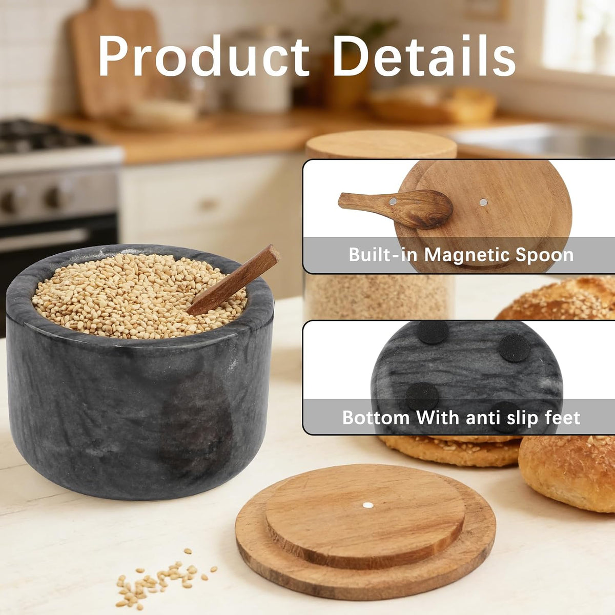 Salt and Pepper Spice Cellar, Marble Container for Coffee, Sugar, Spices and Candies, With Built-in Magnetic Attraction Spoon and Acacia Wood Lid, 6.5 oz (Snowflake White)