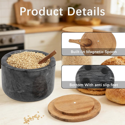 Salt and Pepper Spice Cellar, Marble Container for Coffee, Sugar, Spices and Candies, With Built-in Magnetic Attraction Spoon and Acacia Wood Lid, 6.5 oz (Snowflake White)