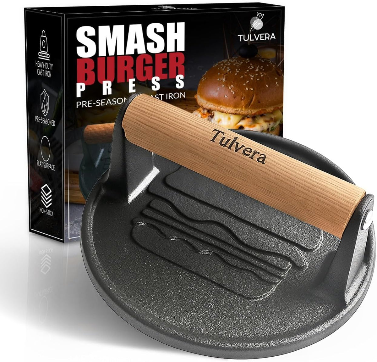 Smash Burger Press, Cast Iron Hamburger Smasher Tool for Steak, Bacon, Meat