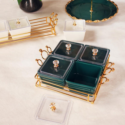 YA JU Ceramic Bowls and with Lid Gold Basket Trays, 6 Removable Small Bowls Condiment Trays Nut Serving Set for Snacks, Fruits, Candy and Condiments -Great for Parties, Holiday Gifts, White