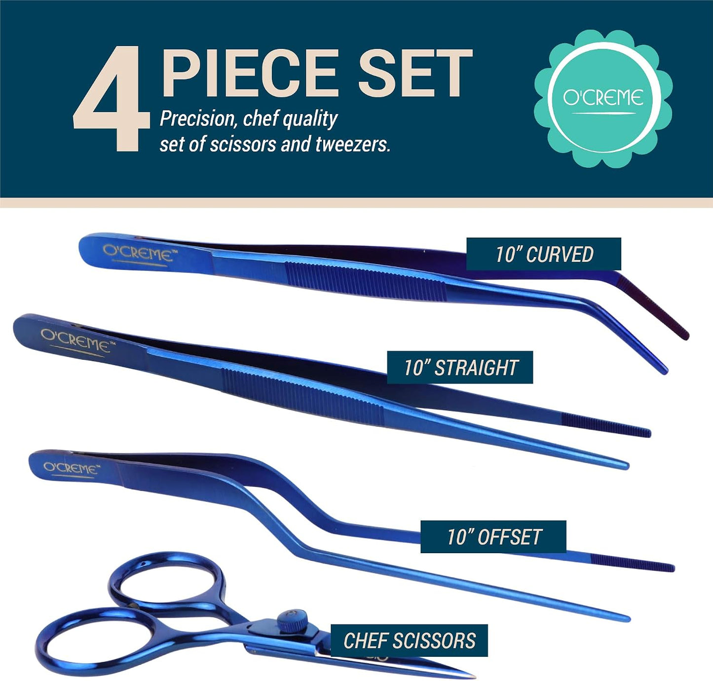 O'Creme Set of Culinary Tweezer Tongs 8 Inch Straight, Offset and Curved, Plus Super Sharp Chef Scissors, Total 4 Pieces (Blue)