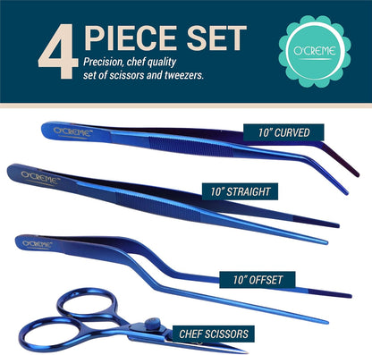 O'Creme Set of Culinary Tweezer Tongs 8 Inch Straight, Offset and Curved, Plus Super Sharp Chef Scissors, Total 4 Pieces (Blue)