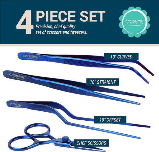 O'Creme Set of Culinary Tweezer Tongs 8 Inch Straight, Offset and Curved, Plus Super Sharp Chef Scissors, Total 4 Pieces (Blue)