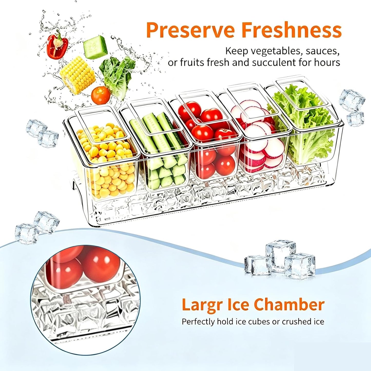 Ice Chilled Condiment Caddy, Clear Condiment Tray with 5 Containers & Lids & Accessories, Ice Garnish Serving Platter for Taco Party & Mimosa Bar, Lemonade Stand, Buffet Hosting (5PC/Set)