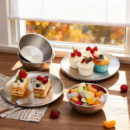 304 Stainless Steel Plates and Bowls Sets - 9 Inch Metal Camping Plates Reusable 20oz Steel Snack Bowls Feeding Serving Dinner Dishes for Adult Girls Boys