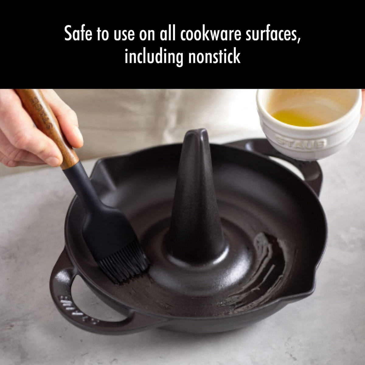 STAUB Pastry Brush, Perfect for Evenly Glazing Pastries and Basting Meats, Durable BPA-Free Matte Black Silicone, Acacia Wood Handles, Safe for Nonstick Cooking Surfaces