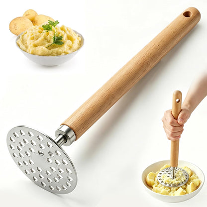 Potato Masher, 9in Wood Handle Stainless Steel Grid Masher Tool