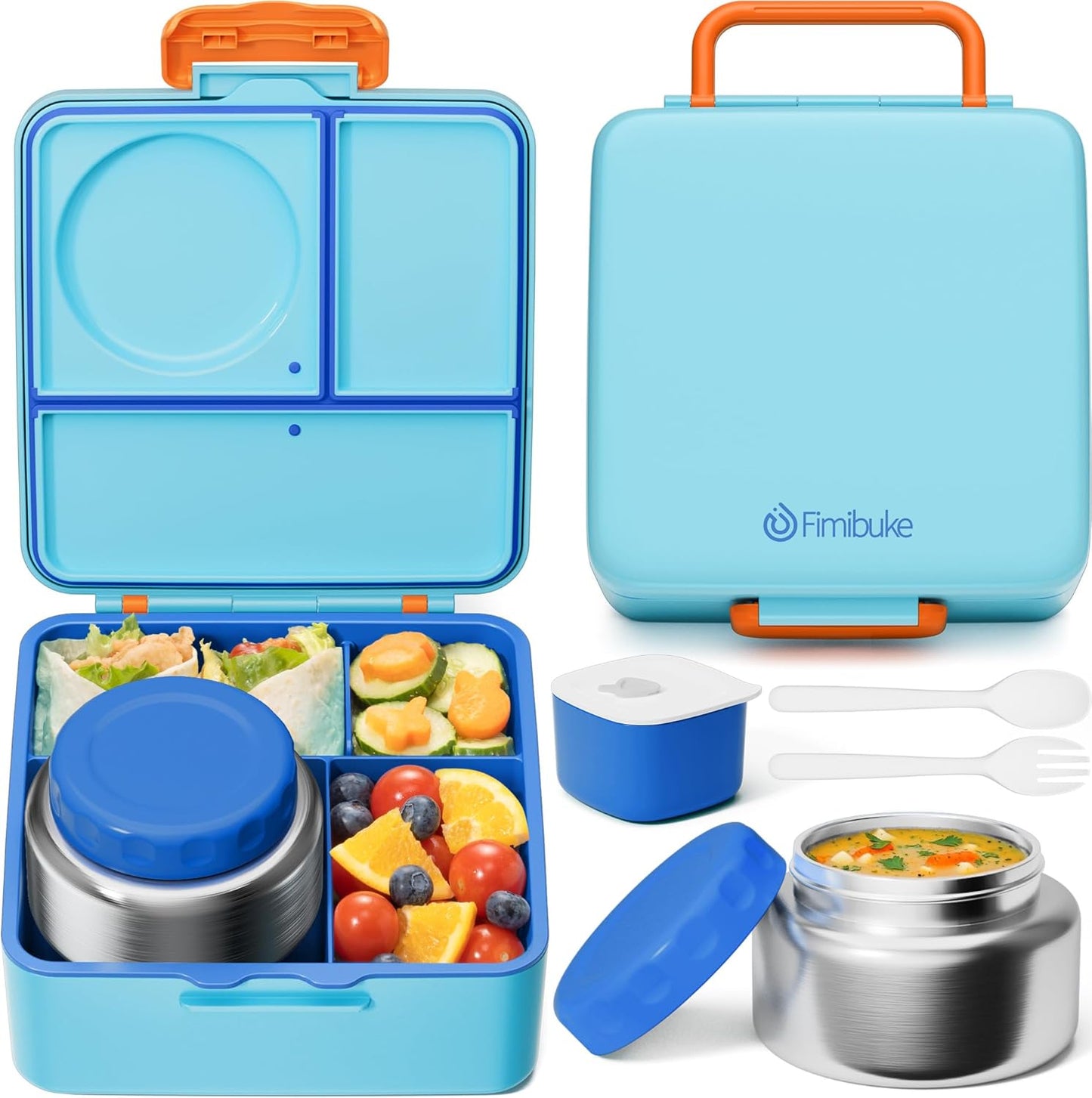 Fimibuke Bento Box for Kids Adult, BPA Free & Leakproof Toddler Lunch Box with 8.5oz Insulated Thermo Food Jar, Utensils & Sauce Jar, Dishwasher Safe 3 or 4 Compartment Container for School Girls Boys