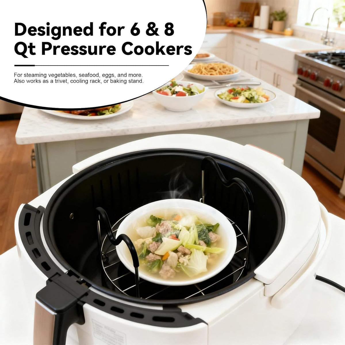 Trivet Compatible with Instant Pot 6 & 8 Qt Pressure Cookers, Steamer Rack with Silicone Handles, Stainless Steel Elevated Cooking Rack for Eggs, Veggies & Meat