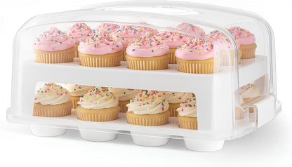 EXTRA TALL DOME 24 Cupcake Carrier, Green Cupcake Holder Carries 24 Cupcake Storage Container, Muffin Traveler Two Tier Stand Reusable Cupcake Box