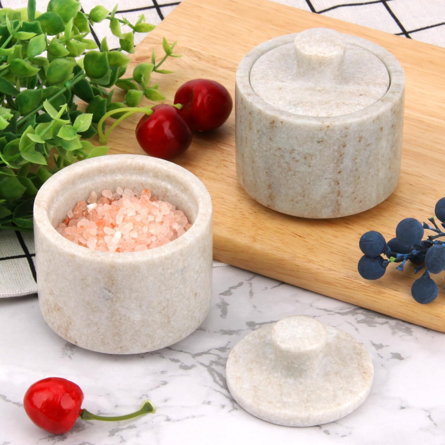 Marble Salt Cellar with Lid, White and Black Stone Salt and Pepper Bowl Box Container Jar Holder Well Keeper Dish Pig Crock