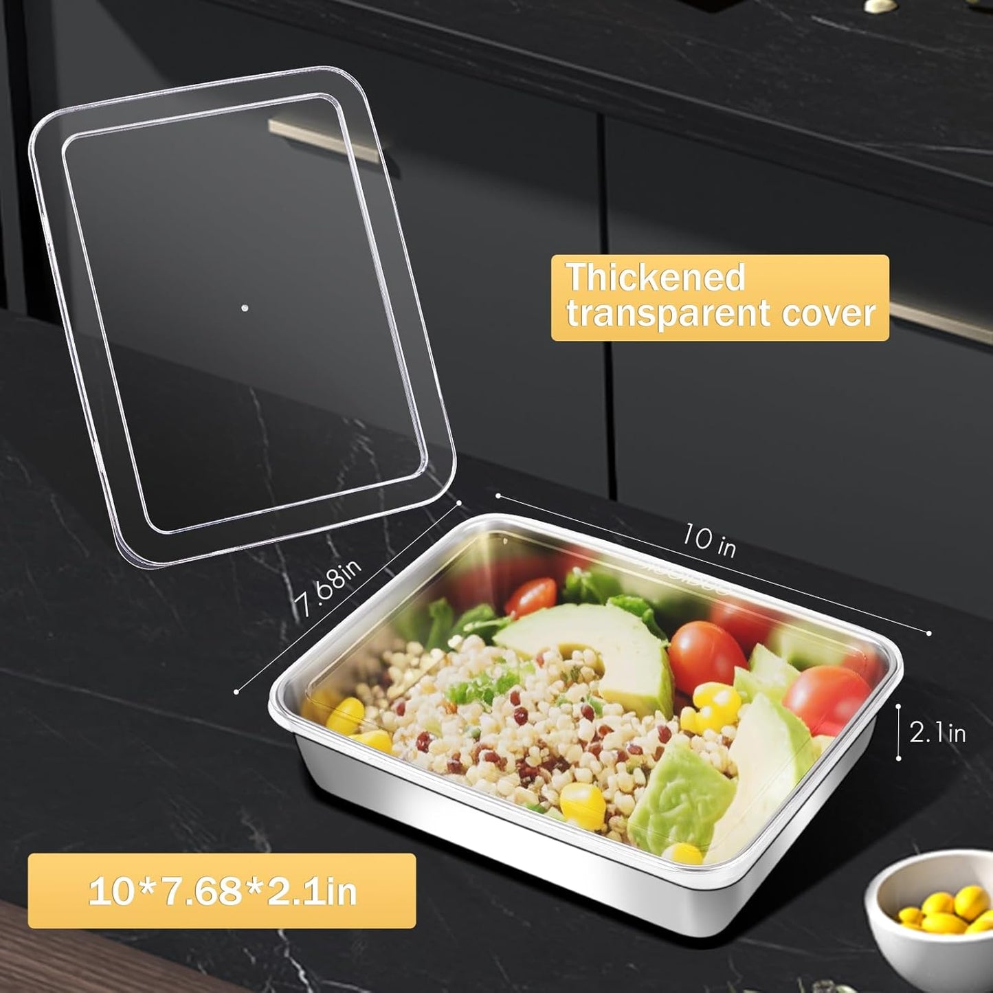 6-Pack Stainless Steel Food Storage Containers with ClearLids - Stackable Metal Meal Prep Boxes for Lunches, Leftovers & Kitchen Organization, BPA-Free & Dishwasher Safe（73oz/10X7.68X2.1）