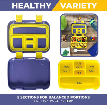 Kinsho Bento Lunch Box for Kids Toddlers, 5 Portion Control Sections, BPA Free Removable Plastic Tray, Pre-School Kid Toddler Daycare Lunches, Snack Container Ages 3 to 7 (Blue Space Rockets)