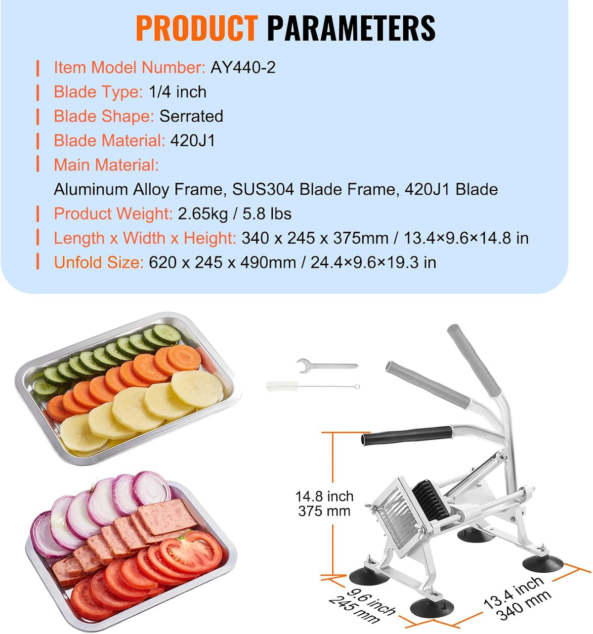 VEVOR Commercial Vegetable Slicer, 3/8" and 3/16" Tomato Slicer, Stainless Steel and Aluminum Alloy Vegetable Cutter Slicer, Manual Tomato Slicer with Non-slip Feet, for Tomatoes, Potatoes, Onions