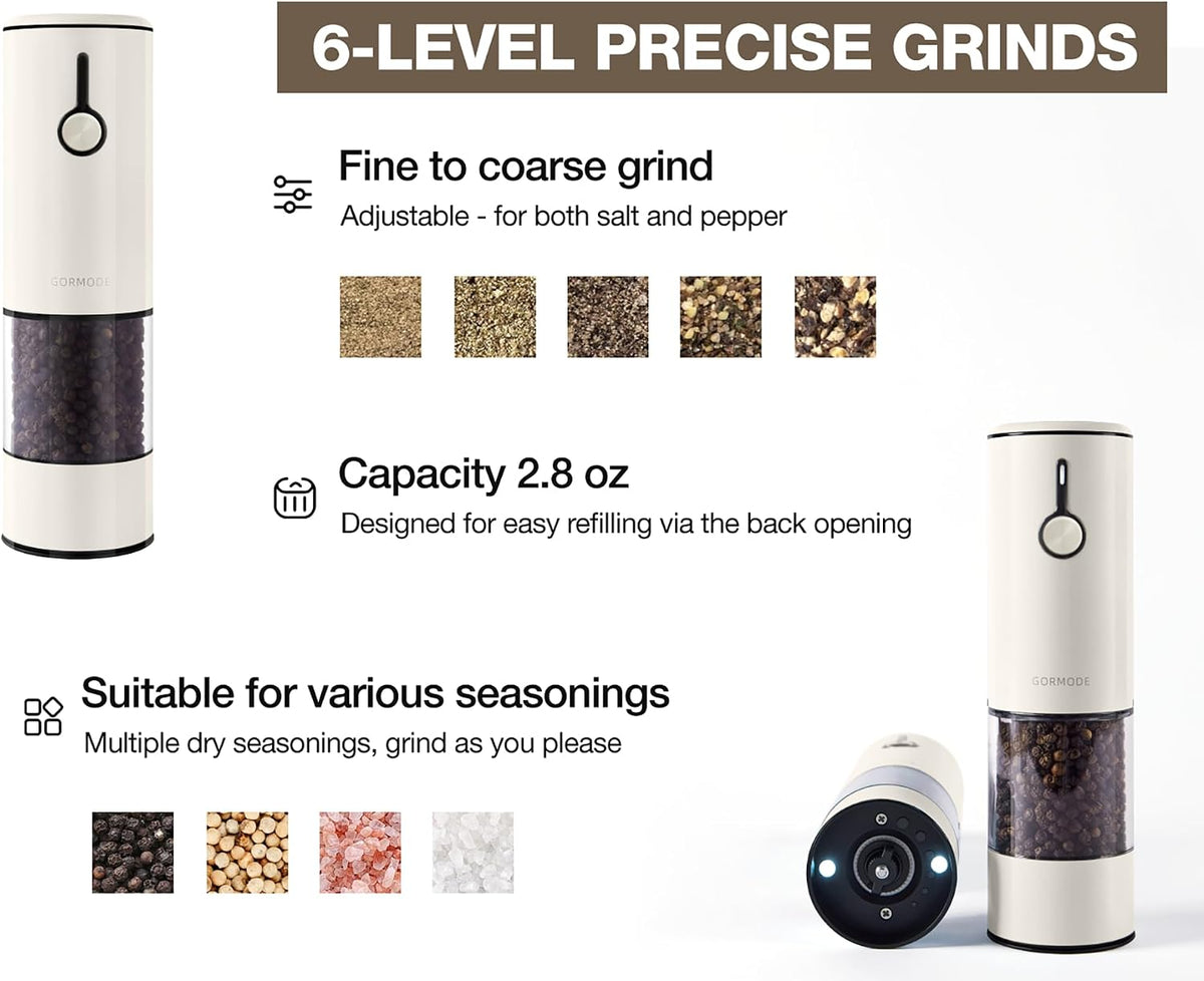 Stainless Steel Rechargeable Electric Salt and Pepper Grinder Set – USB Charging, One-Hand Electric Mill, Adjustable Coarseness, LED Light & Dust Cover –2pack(Greige & Buttercream)