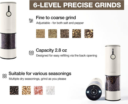 Stainless Steel Rechargeable Electric Salt and Pepper Grinder Set – USB Charging, One-Hand Electric Mill, Adjustable Coarseness, LED Light & Dust Cover –2pack(Greige & Buttercream)
