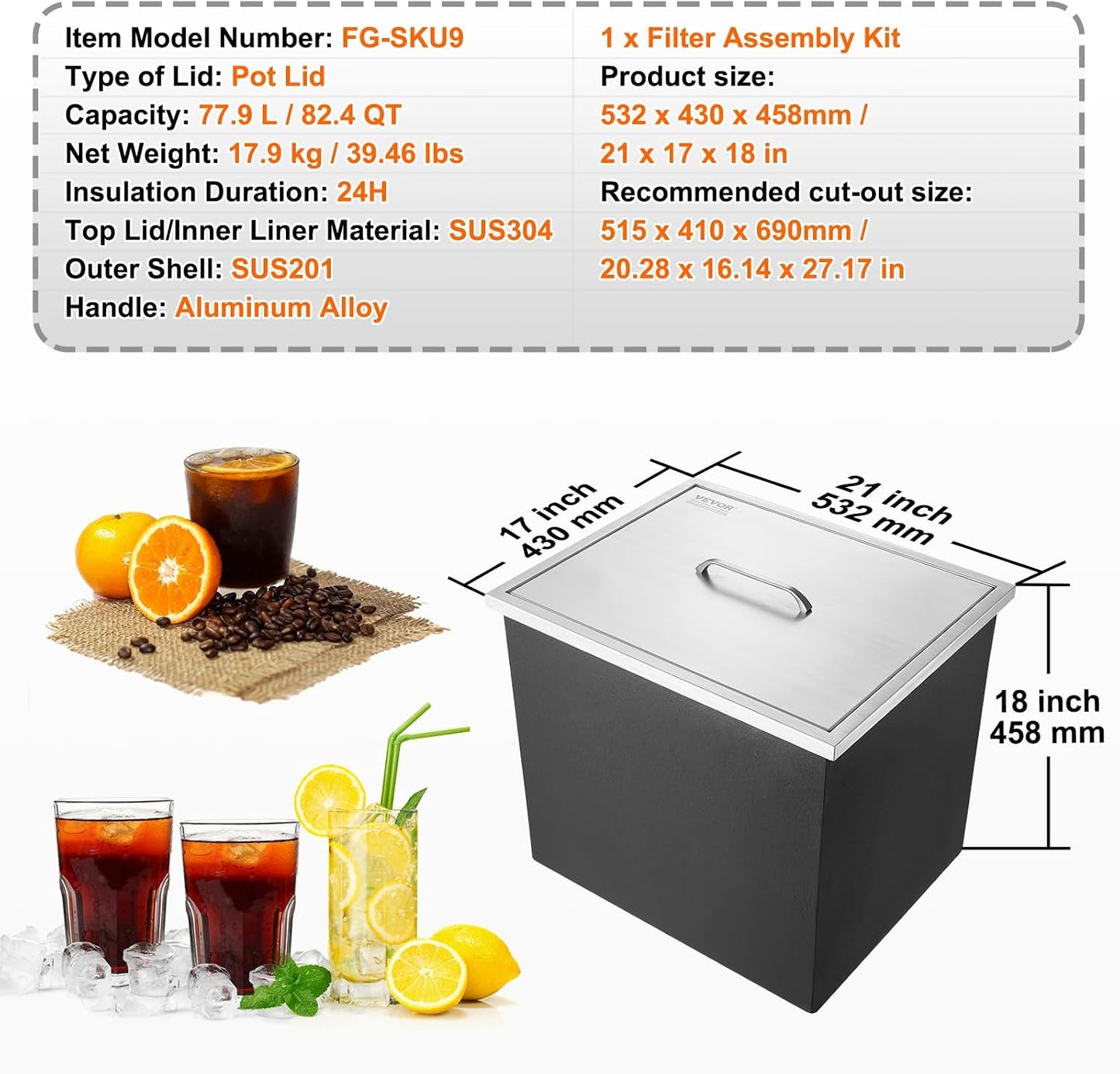 Happybuy Drop in Ice Chest 18L x 12W x 14.5H Inch Stainless Steel Ice Cooler with Sliding Cover Drop in Ice Bin Included Drain-Pipe and Drain Plug for Cold Wine Beer