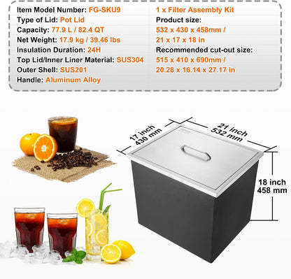 Happybuy Drop in Ice Chest 18L x 12W x 14.5H Inch Stainless Steel Ice Cooler with Sliding Cover Drop in Ice Bin Included Drain-Pipe and Drain Plug for Cold Wine Beer