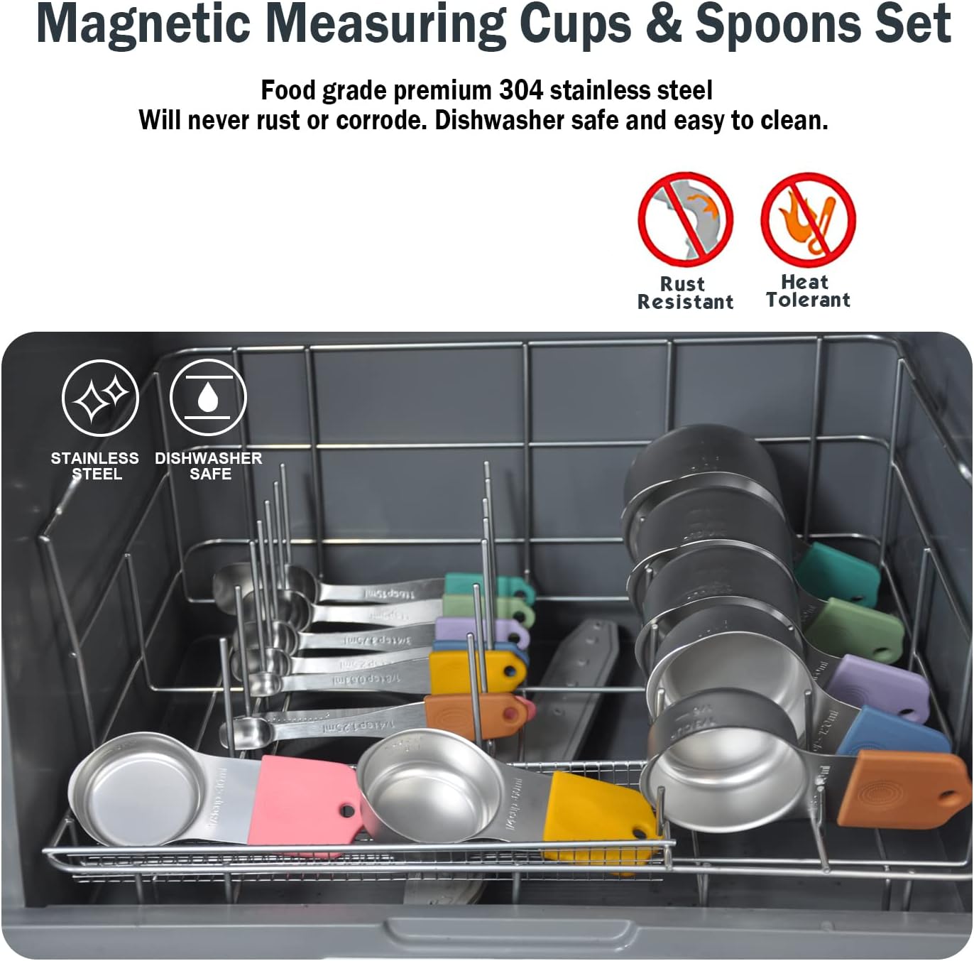 EDELIN Magnetic Measuring Cups and Spoons Set, Stainless Steel 7 cup and 7 spoon with 1 Leveler, 18/8 304 stainless steel (Black 15 sets)
