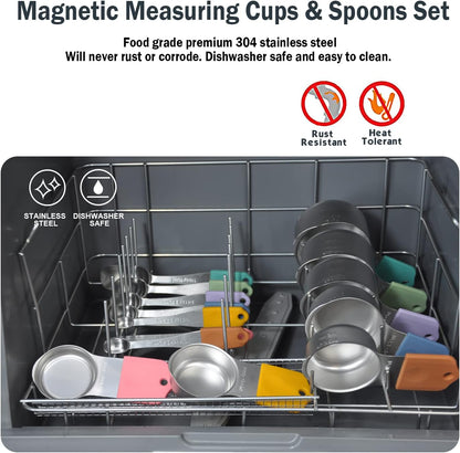 EDELIN Magnetic Measuring Cups and Spoons Set, Stainless Steel 7 cup and 7 spoon with 1 Leveler, 18/8 304 stainless steel (Black 15 sets)