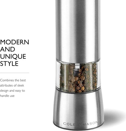 Cole & Mason Hampstead Electronic Pepper Mill - Electric Pepper Grinder Set - Adjustable Electric Spice Grinder - Hand Wash - Stainless Steel