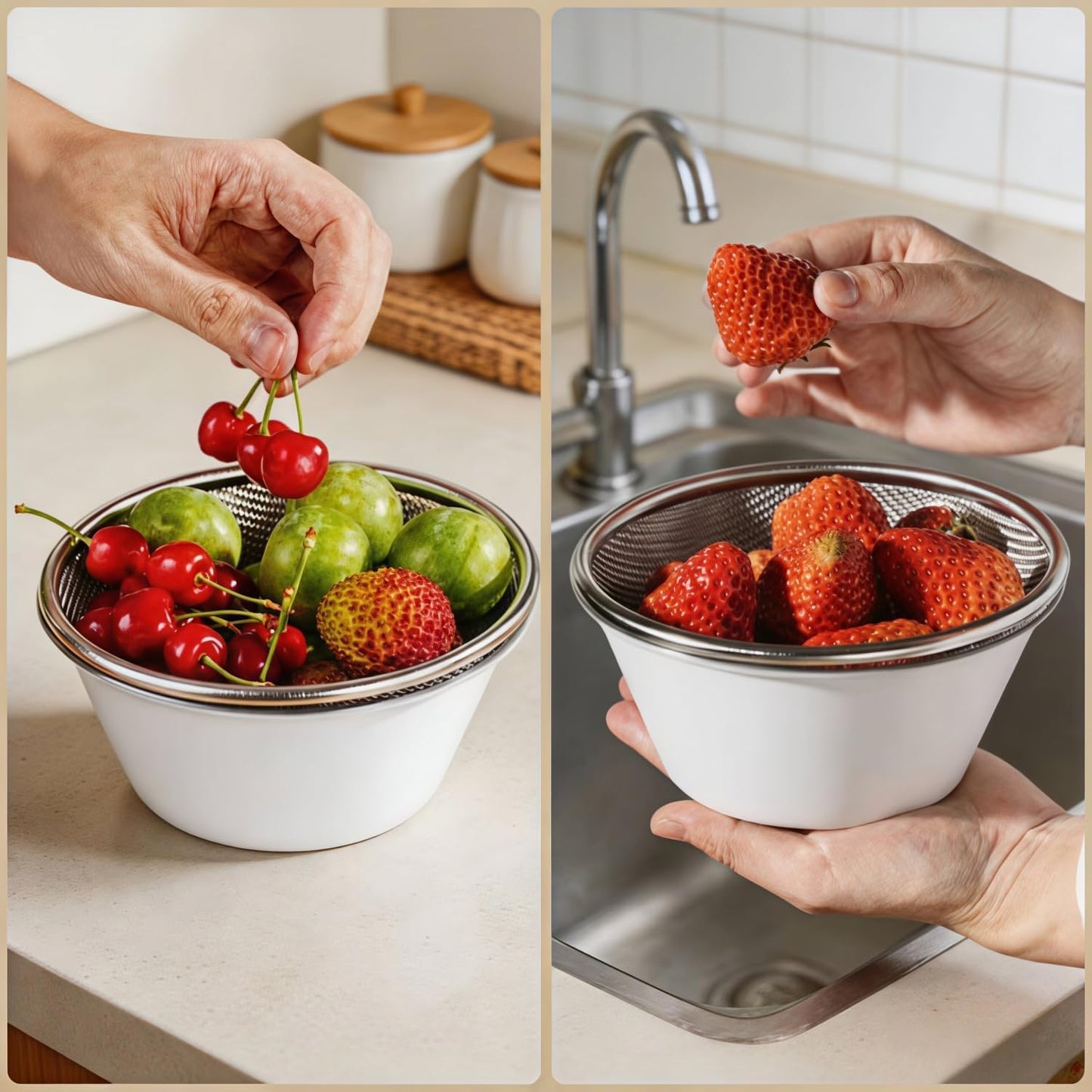 2 Pcs Mini Colander with Small Mixing Strainer Bowl 304 Stainless Steel Berry Basket for Washing Fruits, Vegetables, Rice - Dishwasher-Safe Kitchen Strainer (Silver, 5.51 x 2.36 inches)
