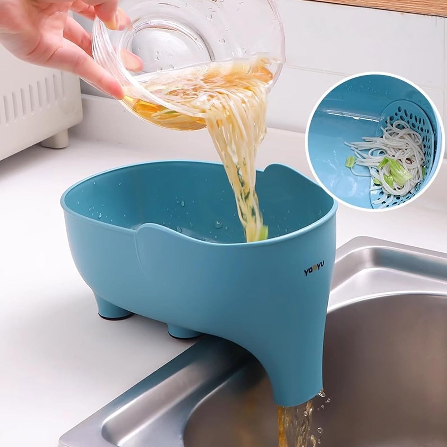 2PCS Vegetables Washing Basket Elephant Drainage Basket Fruit Basket for Draining Pasta Noodles Kitchen, PP Material, 22x14x10cm (Blue & Gray)