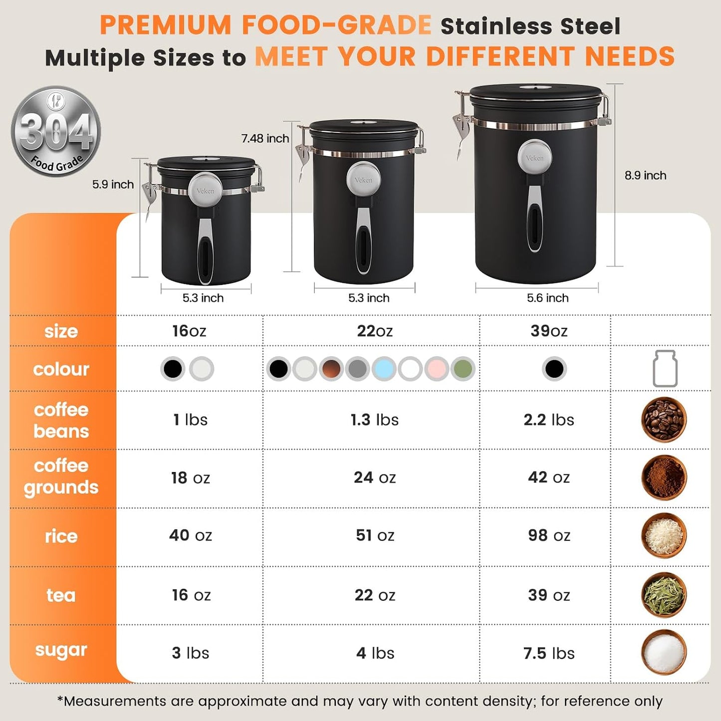 Veken Coffee Canister with Window, Family Choice Awards Winner, Airtight Stainless Steel Home Kitchen Food Storage Container with Lids for Grounds, Beans, Tea, Flour,Cereal,Sugar Jars,Scoop,16OZ,Black