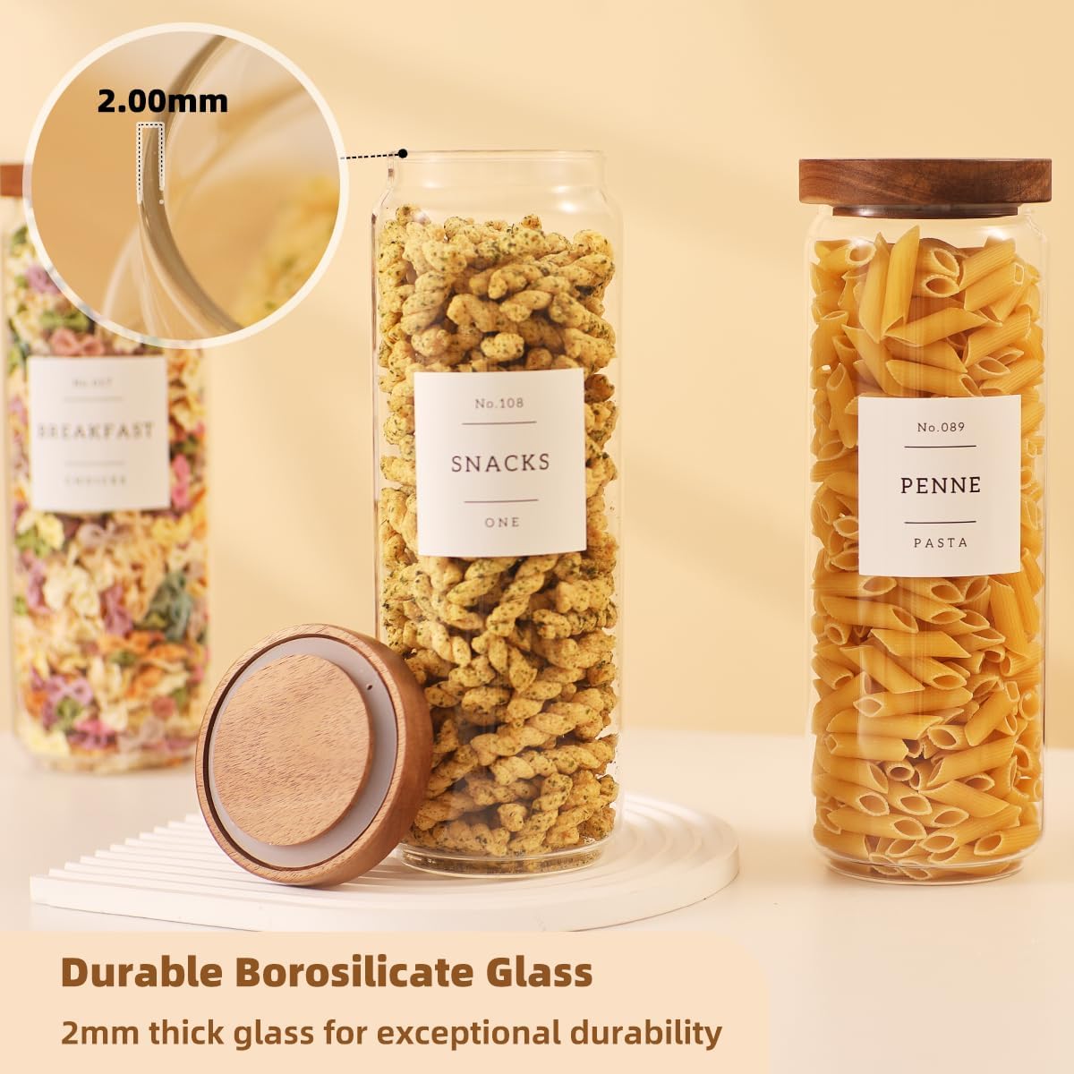 2 Pack Large Glass Flour and Sugar Storage Containers with Airtight Acacia Wood Lids and 132 Kitchen Pantey Labels Preprint - 1 Gallon Borosilicate Glass Canister Sets for Food,Pasta,Cookie,Rice
